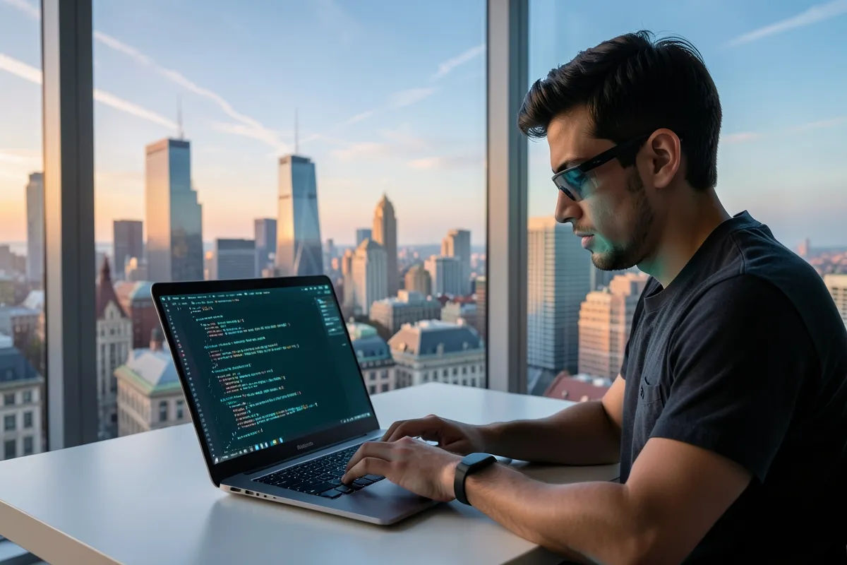 Developer working on a laptop with a cityscape in the background